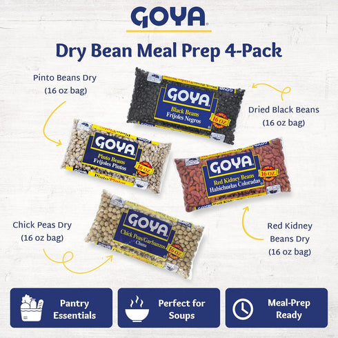 4-Pack 16 oz Goya Dried Beans Meal Prep Dried Black Beans, Pinto Beans, Red Kidney Beans, Chick Peas, Cook-from-Dry