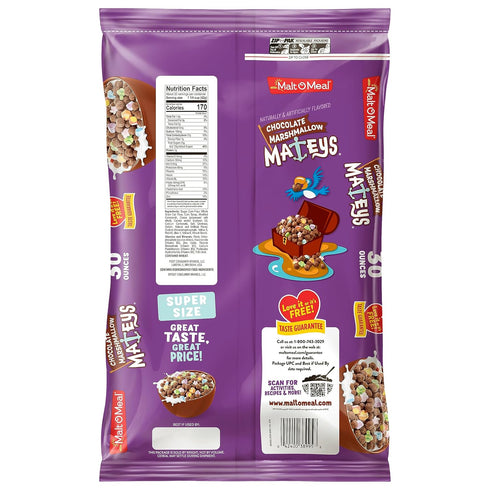 30 OZ (Pack 2) Malt-O-Meal Chocolate Marshmallow Mateys Breakfast Cereal, Crunchy Chocolate Cereal with Marshmallows