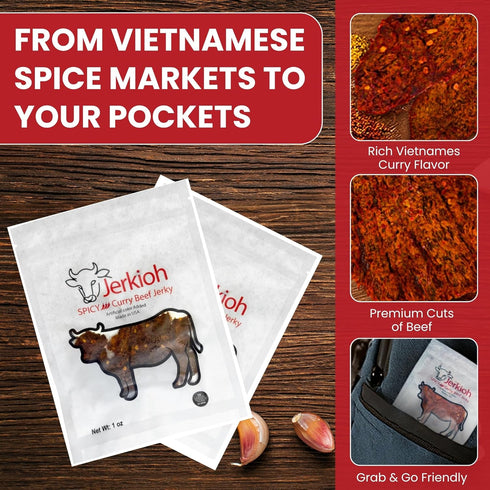 Pack, 1 oz Jerkioh Spicy Curry Premium Beef Jerky Authentic Vietnamese Street Food Flavor with Chili Heat | Gourmet