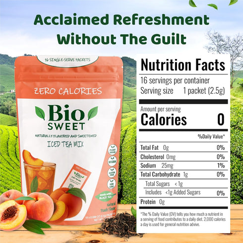 (16 packets) BioSweet Iced Tea Mixes - Peach Flavor | Zero Calorie Mix from Real Black Tea | Naturally Sweetened
