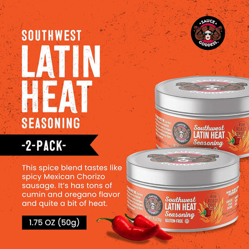 Sauce Goddess Latin Heat Mexican Spice Blend - Aromatic, Flavorful Seasonings and Spices for Cooking, Grilling, & BBQ Rub for Barbecue No Sugar, No MSG, No GMO, Low Sodium & Vegan - 2 (1.75g) Tin Cans