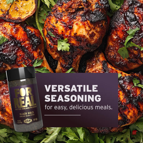 6oz FOR REAL Black Gold Seasoning - Garlicky Black Garlic, Pepper & Black Salt Blend - Umami Flavor Booster for Meat