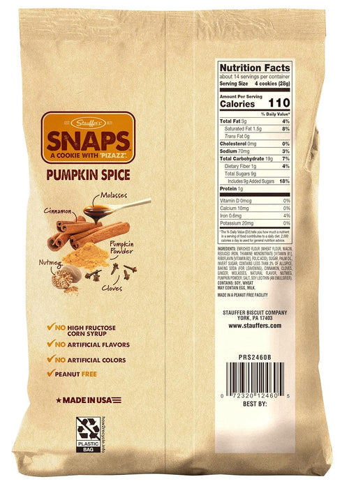 14oz STAUFFERS Pumpkin Spice SNAPS Cookies - Bag - Pumpkin Spice Flavored Cookies with No High Fructose Corn Syrup