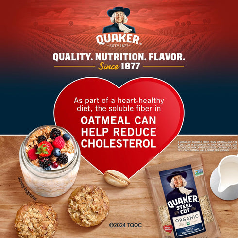 20oz (Pack 4) Quaker Steel Cut Oats, USDA Organic, Non GMO Project Verified, Resealable Bags
