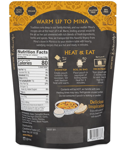 10 oz (Pack 6) Packaged Mina Moroccan White Beans, Cannellini Beans, of Ready to Eat, Plant Protein, Vegan, Non-GMO