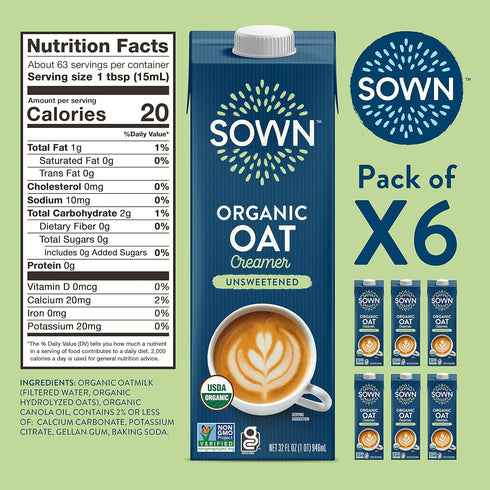 0g 32oz (Pack 6) SOWN Organic Oat Creamer Unsweetened - Barista Oat Milk Non Dairy Coffee Creamer - Plant Based