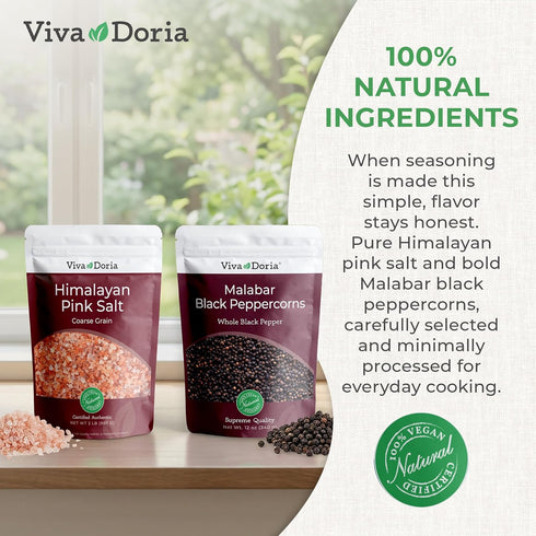 12 Oz 2 lb Pack Pack Viva Doria Malabar Whole Black Peppercorns, & Himalayan Pink Salt, Coarse Grain, | Mineral Salt