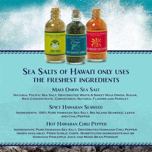 3 Pack, Sea Salts of Hawaii Variety Maui Onion Salt, Hawaiian Chili Pepper Salt, Spicy Seaweed Flavored Hawaiian Sea