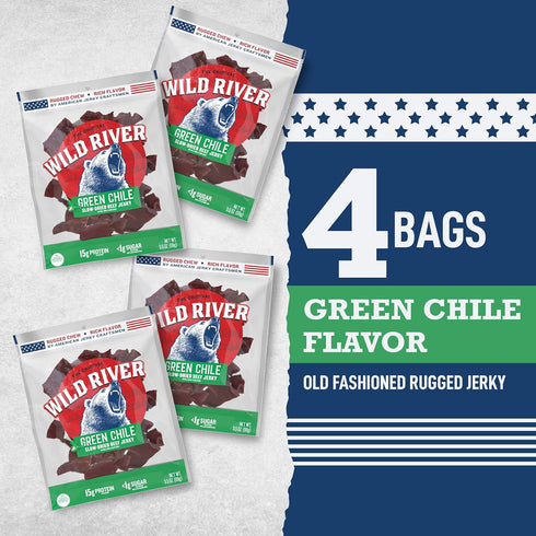 100% 15g 3.5 (Pack 4) Wild River Green Chile Beef Jerky, Old Fashioned Beef Jerky, Gluten Free, Deliciously Seasoned