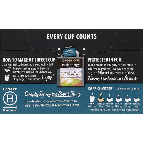 18 Count (Pack 6), 108 Bigelow Tea Peak Energy plus extra L-Theanine & Caffeine, of Total Tea Bags