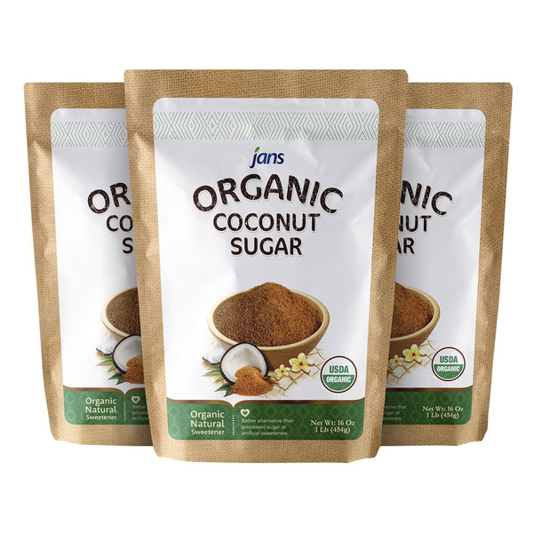 Jans Organic Coconut Sugar (Pack of 3) Unrefined Natural Sweetener, Gluten Free,
