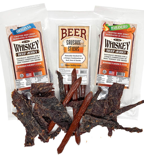 BeerJerky WhiskeyJerky.com, Beef Jerky and Sausage Sticks Marinated in Whiskey, Variety 3-Packs, Jerky