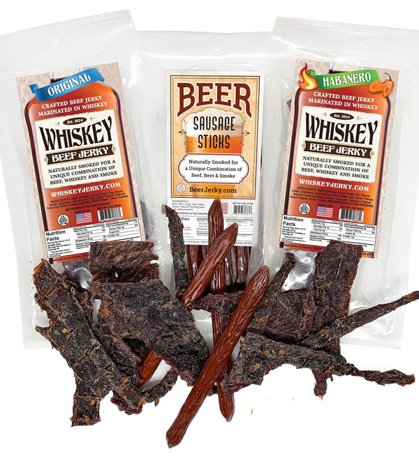 BeerJerky WhiskeyJerky.com, Beef Jerky and Sausage Sticks Marinated in Whiskey, Variety 3-Packs, Jerky