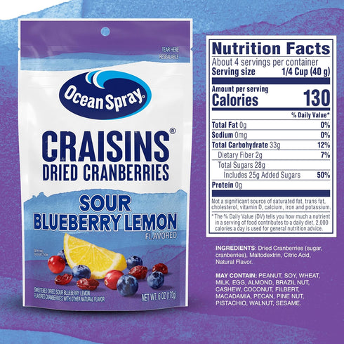 6oz Ocean Spray Craisins Sweetened Dried Cranberries, Sour Blueberry Lemon, Pouch