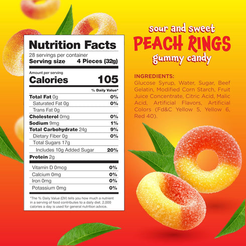 2 Gummies Gummy Peach Rings - Pound Bag - Peach Candy - Sweet and Sour Candy for Office, Snacking, Dessert Decorating