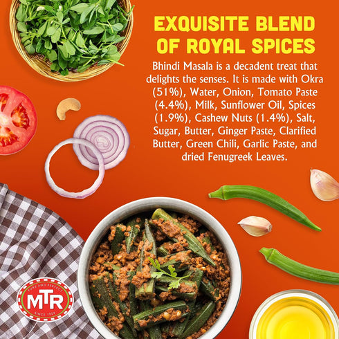 (Pack 6) MTR - Bhindi Masala - Fried Okra in Spiced Gravy - Authentic Indian Ready To Eat Meal - Plant-Based, Delicious