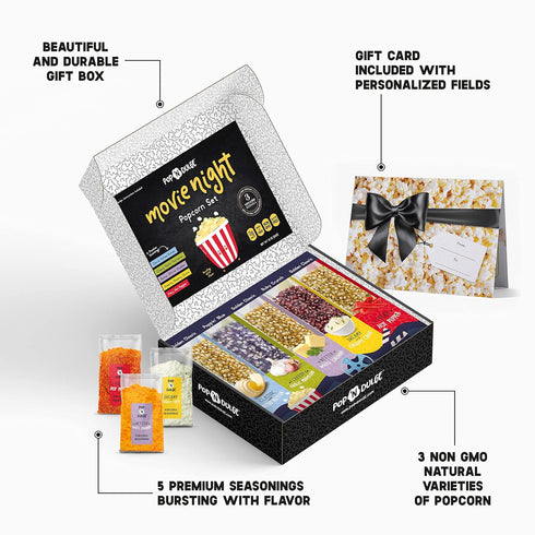 Popcorn Movie Night Supplies, 16 Pack Popcorn Kernels and Seasoning, Non-GMO Snacks, Gift Basket Idea