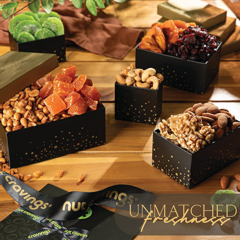(8 Package, NUT CRAVINGS - Mothers Day Treats, Dried Fruit & Mixed Nuts Gift Basket, Black Tower + Ribbon Assortments)