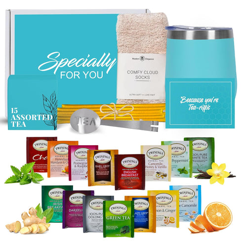 Tea Gifts for Women Sampler Gift Basket with 15 Unique Blends, Honey