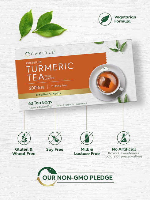 60 Count Carlyle Turmeric Tea Bags with Ginger | | Caffeine Free | Non-GMO & Gluten Free Herbal Tea Supplement
