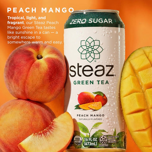 (12 Pack) 30mg 0 12 16 oz Steaz - Zero Sugar Organic Green Tea - Peach Mango Natural Caffeine, Calories, Sweetened Iced