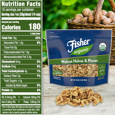16 oz, Fisher Organic Walnut Halves & Pieces USDA Certified Organic Nuts, Unsalted California Grown, Non-GMO, No
