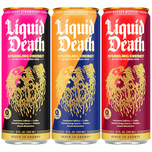 Pack, 100mg, 3 12 Oz (Pack 12) Liquid Death Sparkling Energy Variety Zero Sugar Energy Drink, Unextreme Caffeine