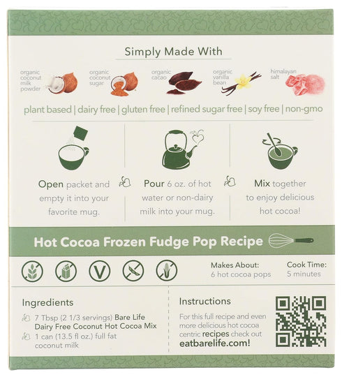 0.95 Oz (5 Pack) Bare Life: Dairy Free Coconut Hot Cocoa Mix | Single Serving | Gluten Free, Vegan, Organic, Plant