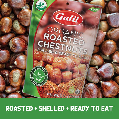 Pack 24 3.5oz Galil Organic Roasted Chestnuts of Shelled & Ready to Eat Chestnuts - Gluten Free, Vegan, Organic
