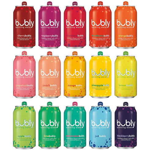 Bubly Sparkling Water, 15 Flavor Sampler, 12 fl oz Cans, (18 Pack),