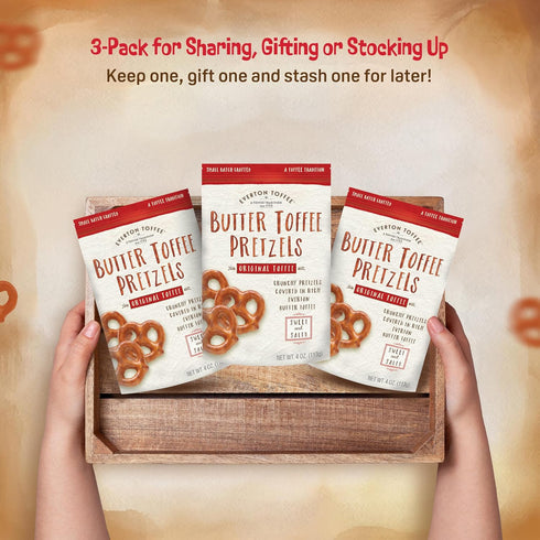 Everton Toffee Butter Toffee Pretzels, Gourmet Artisan Toffee Covered Pretzels, Original Flavor, 4 oz. bag, 3-pack,