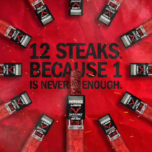11g 100% Pack, 1 Oz. (12 Count) Jack Link's Beef Steak, Peppered - Protein Snacks, Meat Snack with of Protein, Made