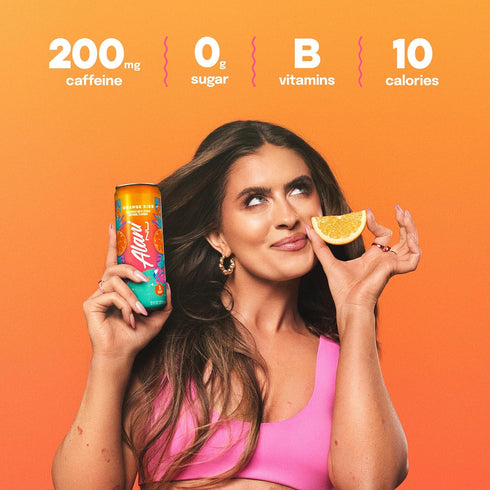 200mg 10 12 Oz 24 Pack Alani Nu ORANGE KISS, Sugar Free, Low Calorie Energy Drinks, Caffeine, Biotin, B Vitamins, Zero