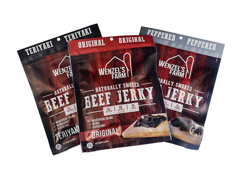 Wenzel's Farm Beef Jerky Variety Pack - Includes Original, Teriyaki, and Peppered