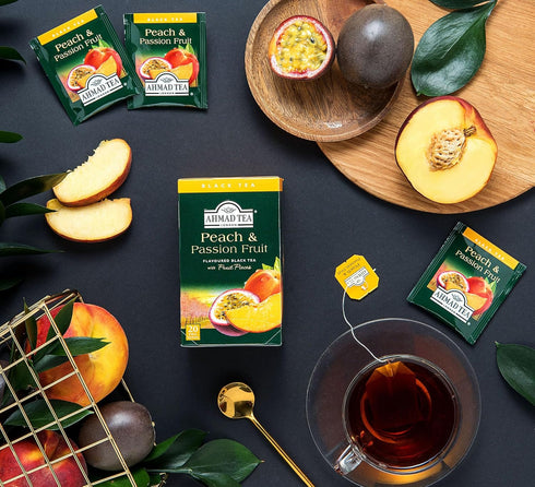 20 (Pack 6) Ahmad Tea Black Tea, Peach And Passion Fruit Teabags, ct Of - Caffeinated And Sugar-Free