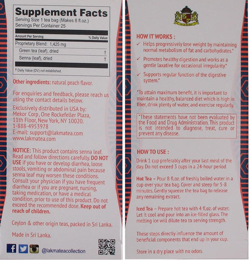 HYLEYS Lakma Super Slim Tea with Peach, 25 Tea Bags