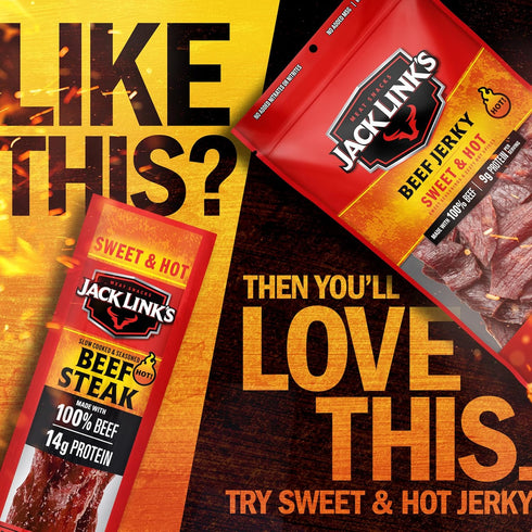 14g 100% Pack 2 Oz. (12 Count) Jack Link's Beef Steak, Sweet & Hot - Protein Snacks, Meat Snack with of Protein, Made