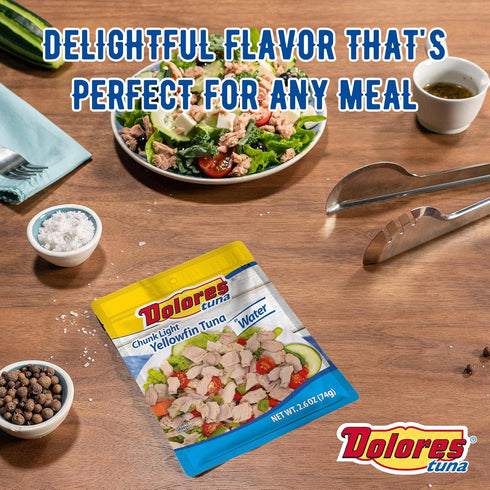 2.6 oz (Pack 24) Dolores Chunk Light Yellowfin Tuna in Water, Pouch Ready-to-Eat Tuna, Mild Flavor, Convenient