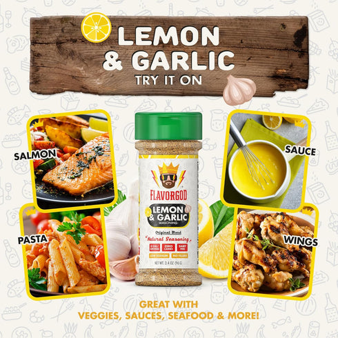 2 Lemon Garlic Seasoning Mix, Bottles by Flavor God - Premium All Natural & Healthy Spice Blend for Chicken, Seafood