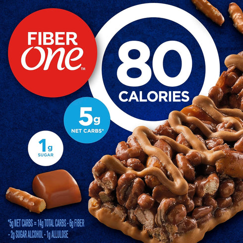 80 5 4.1 oz Fiber One Calorie Chewy Snack Bars, Chocolate Caramel and Pretzel, Ct