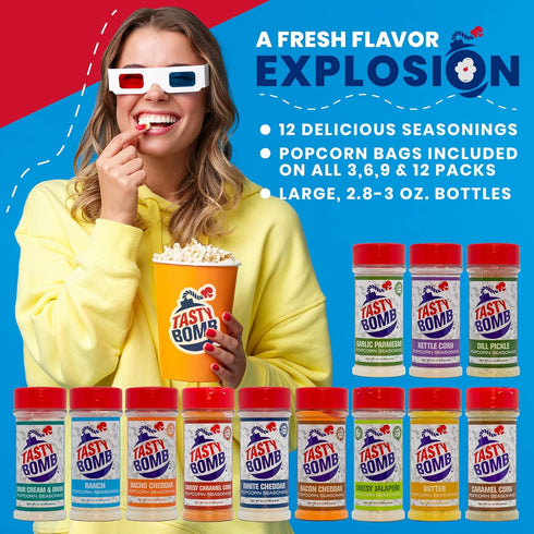 Pack 6 2.8-3 Oz. Flavorful Popcorn Seasoning Variety Seasonings in White Cheddar Cheese, Ranch, Garlic Parmesan & More