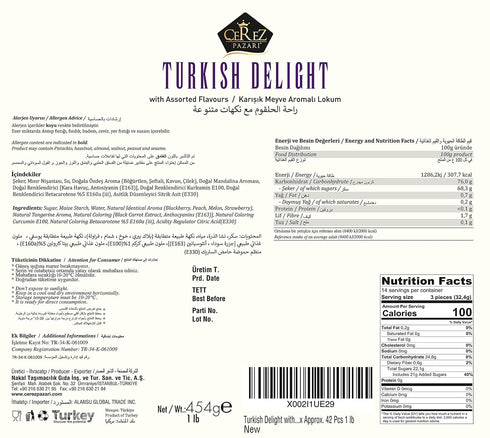 42 16 oz. (Pack 2) Cerez Pazari Turkish Delight Candy With Assorted Flavors, Gourmet Medium Size Snacks Gift Box, Sweet