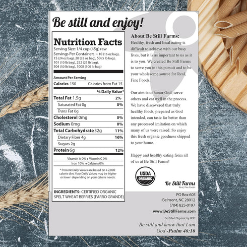 5.8 lb Be Still Farms Spelt Farro Grain Organic - Whole Wheat Berries Bulk - Ancient Grains Ideal for Flour, Bread