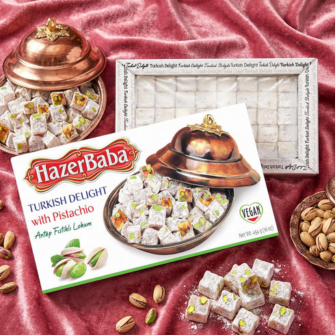 16oz (Pack 1) Hazer Baba Turkish Delight Pistachio Candy, of Gourmet Snack Box, Traditional, Vegan Snack, Turkish