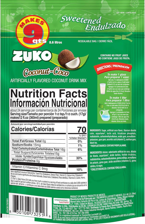 Pack, 14.1 oz (Pack 6) Zuko Coconut Powdered Drink Mix Family No Added Sugar Needed