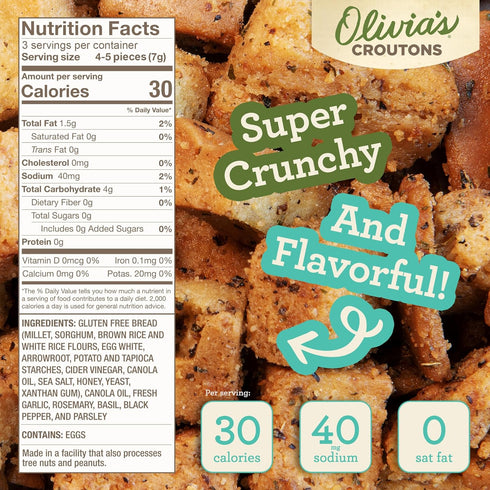.75 Oz (50 count) Olivias Gluten Free Croutons For Salad Crunchy Garlic Soup Crouton Made from Seasoned Ancient Grain