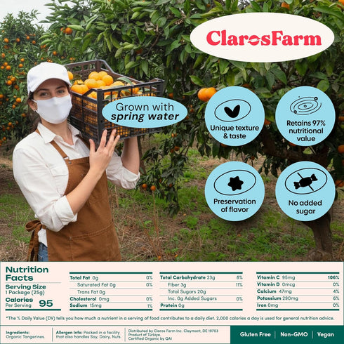 (25g) Claros Farm Organic Freeze-Dried Tangerines Single-Ingredient, Resealable Dried Fruit Snacks w/No Sugar Added