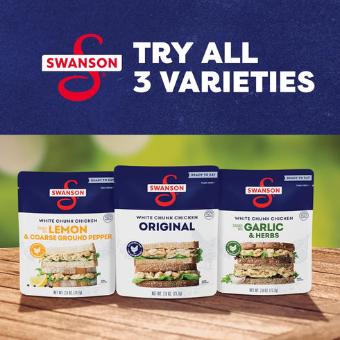 2.6 OZ 12) SWANSON S Garlic and Herbs White Chunk Fully Cooked Chicken, Ready to Eat, Simple On-the-Go Meals, Pouch