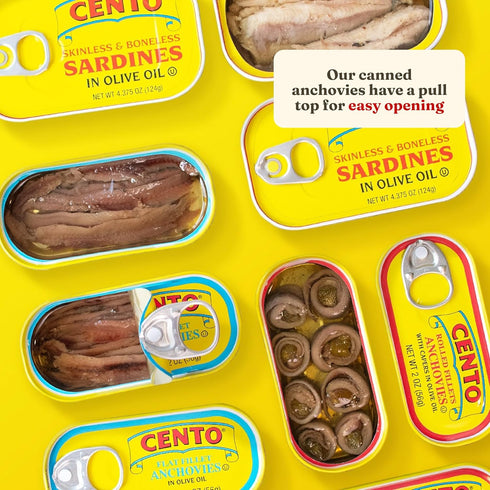Cento 2 Oz, Flat Fillet Anchovies in Olive Oil, Firm, Skinless, Boneless, Canned Moroccan Anchovy Fillets for Salad