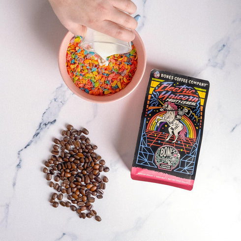 12 Oz Bones Coffee Company Electric Unicorn, Fruity Cereal With Milk Flavored Coffee, Medium Roast Low Acid Arabica